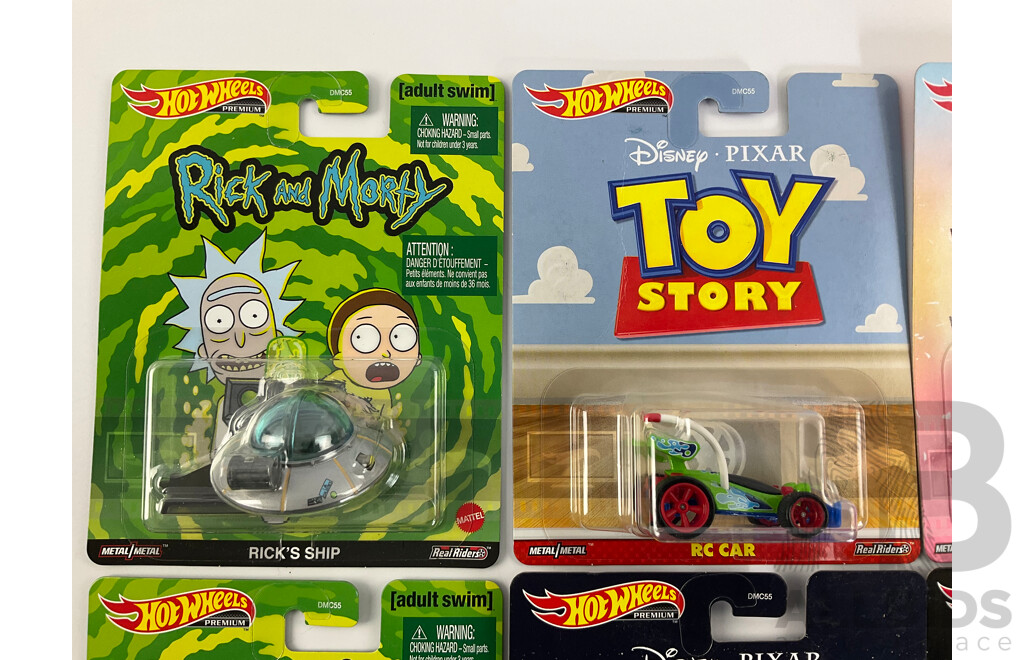 Eight Boxed Hot Wheels Movie/Television Themed Vehicles Including Rick and Morty, Wonder Woman, Toy Story, Knight Rider, James Bond, Deadpool