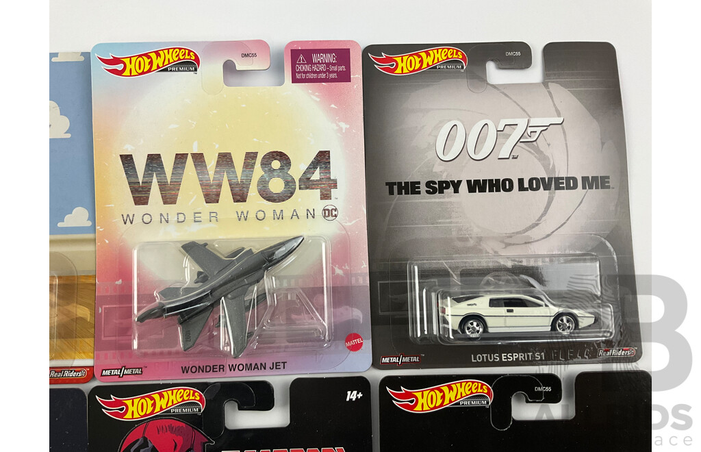Eight Boxed Hot Wheels Movie/Television Themed Vehicles Including Rick and Morty, Wonder Woman, Toy Story, Knight Rider, James Bond, Deadpool