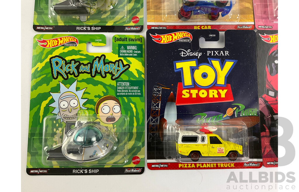 Eight Boxed Hot Wheels Movie/Television Themed Vehicles Including Rick and Morty, Wonder Woman, Toy Story, Knight Rider, James Bond, Deadpool