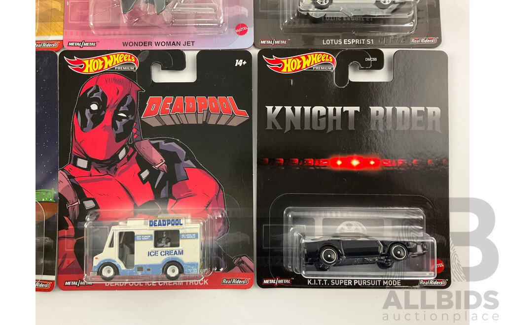 Eight Boxed Hot Wheels Movie/Television Themed Vehicles Including Rick and Morty, Wonder Woman, Toy Story, Knight Rider, James Bond, Deadpool