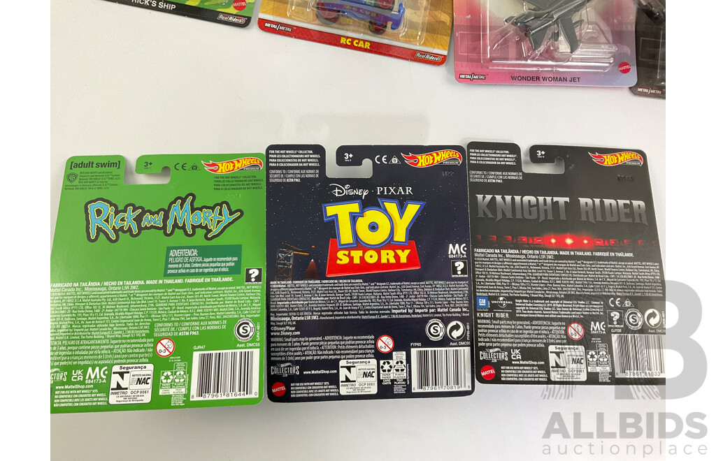 Eight Boxed Hot Wheels Movie/Television Themed Vehicles Including Rick and Morty, Wonder Woman, Toy Story, Knight Rider, James Bond, Deadpool