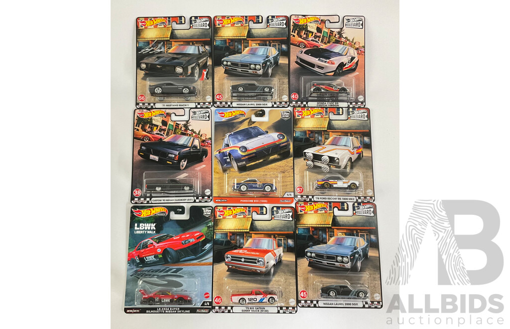 Nine Boxed Hot Wheels Vehicles Including Porsche, Ford, Datsun/Nissan, Honda