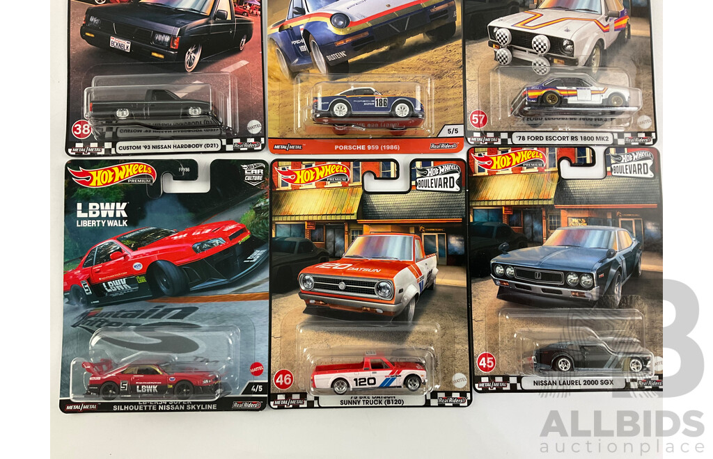 Nine Boxed Hot Wheels Vehicles Including Porsche, Ford, Datsun/Nissan, Honda