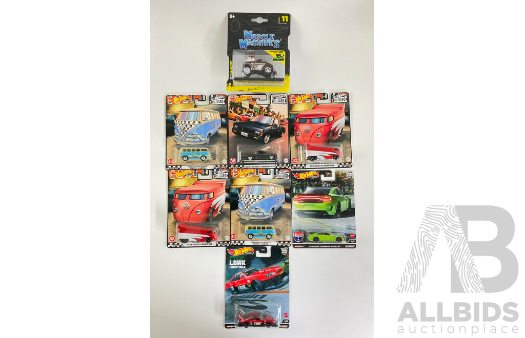Seven Boxed Hot Wheels Vehicles Including Volkswagens, Nissan, Dodge with Muscle Machines 1941 Willys Dragster Coupe