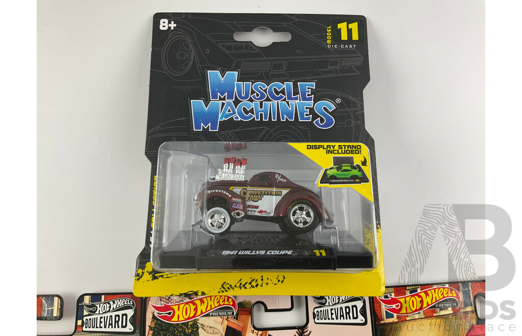 Seven Boxed Hot Wheels Vehicles Including Volkswagens, Nissan, Dodge with Muscle Machines 1941 Willys Dragster Coupe