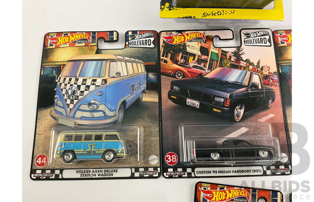 Seven Boxed Hot Wheels Vehicles Including Volkswagens, Nissan, Dodge with Muscle Machines 1941 Willys Dragster Coupe