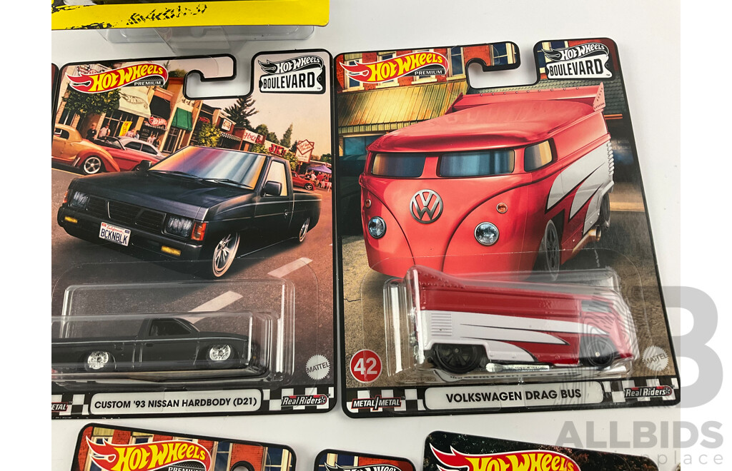 Seven Boxed Hot Wheels Vehicles Including Volkswagens, Nissan, Dodge with Muscle Machines 1941 Willys Dragster Coupe
