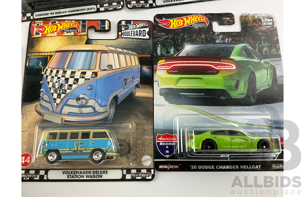 Seven Boxed Hot Wheels Vehicles Including Volkswagens, Nissan, Dodge with Muscle Machines 1941 Willys Dragster Coupe