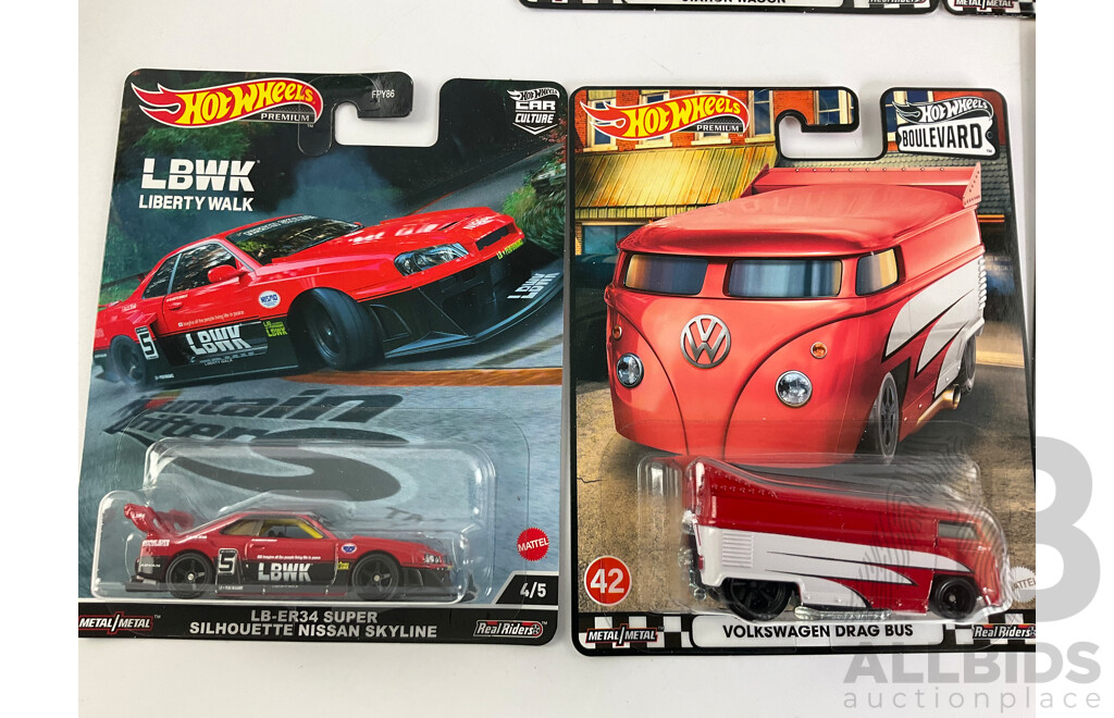 Seven Boxed Hot Wheels Vehicles Including Volkswagens, Nissan, Dodge with Muscle Machines 1941 Willys Dragster Coupe
