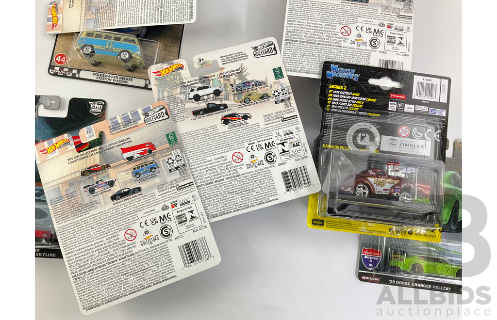 Seven Boxed Hot Wheels Vehicles Including Volkswagens, Nissan, Dodge with Muscle Machines 1941 Willys Dragster Coupe