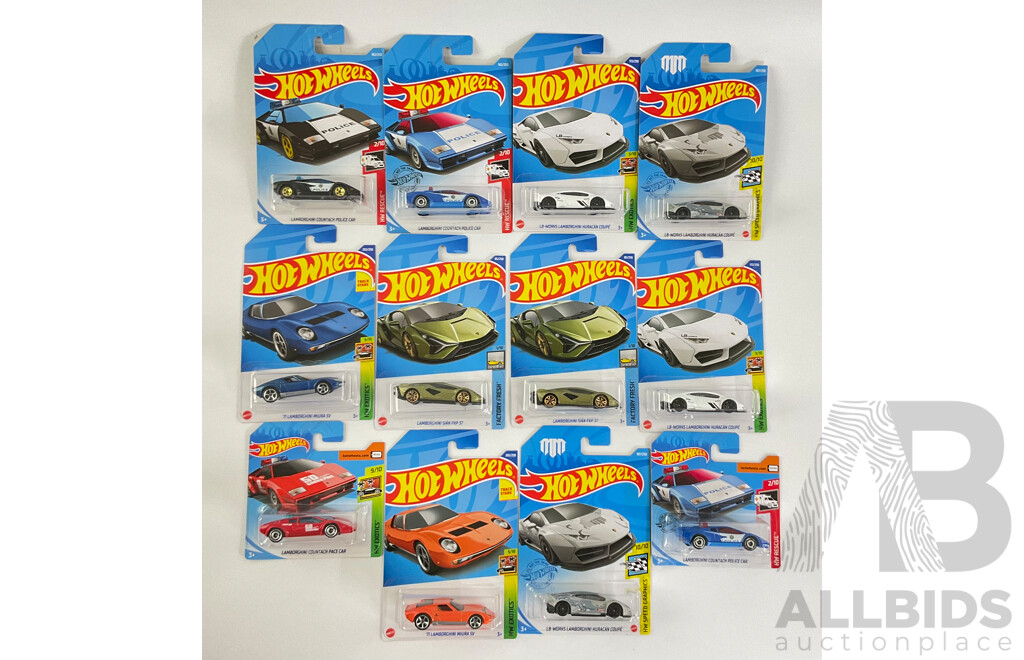 Twelve Boxed Hot Wheels Lamborghinis Including 1971 Miura SV, Huracan Coupe, Countach Police Car, Pace Car