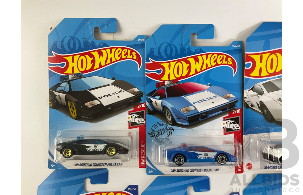 Twelve Boxed Hot Wheels Lamborghinis Including 1971 Miura SV, Huracan Coupe, Countach Police Car, Pace Car