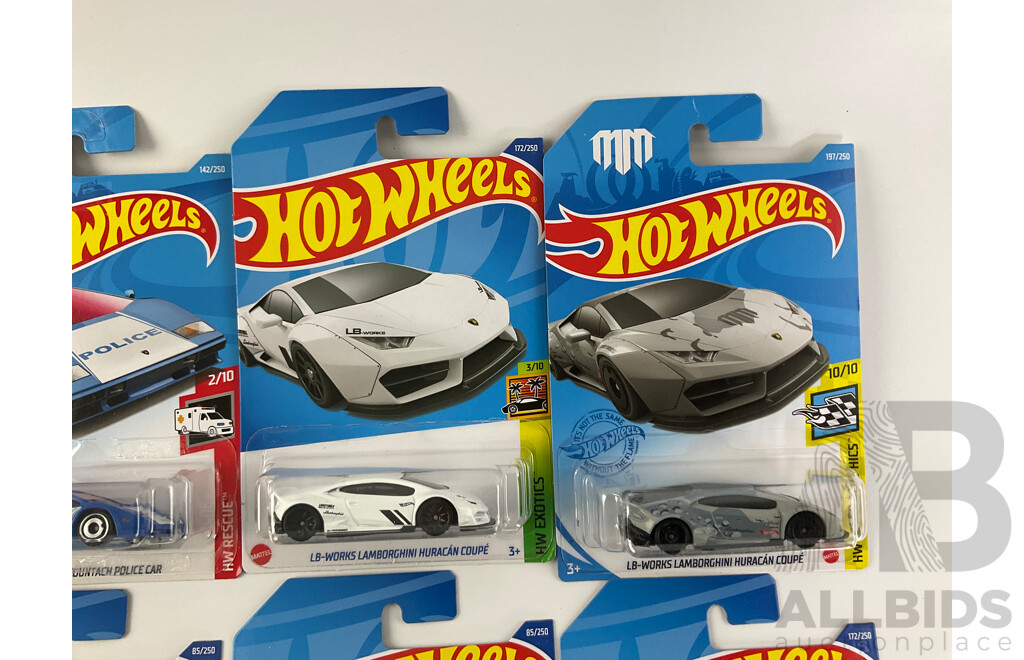 Twelve Boxed Hot Wheels Lamborghinis Including 1971 Miura SV, Huracan Coupe, Countach Police Car, Pace Car