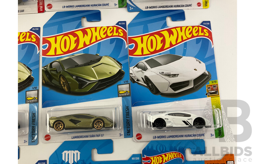 Twelve Boxed Hot Wheels Lamborghinis Including 1971 Miura SV, Huracan Coupe, Countach Police Car, Pace Car