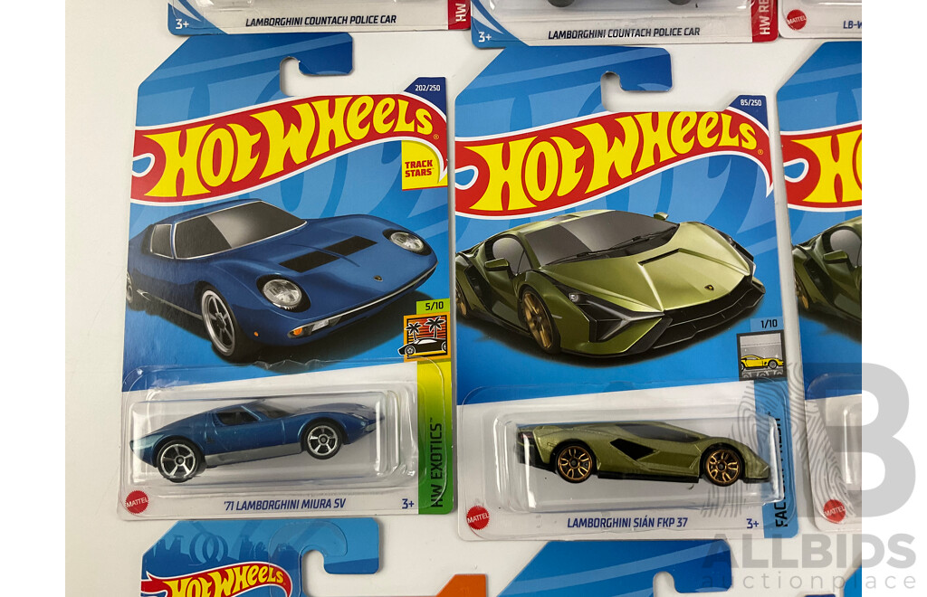 Twelve Boxed Hot Wheels Lamborghinis Including 1971 Miura SV, Huracan Coupe, Countach Police Car, Pace Car