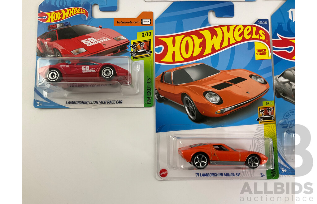 Twelve Boxed Hot Wheels Lamborghinis Including 1971 Miura SV, Huracan Coupe, Countach Police Car, Pace Car
