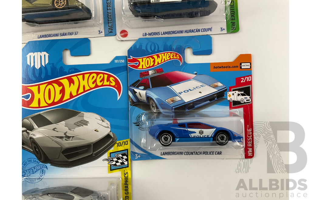 Twelve Boxed Hot Wheels Lamborghinis Including 1971 Miura SV, Huracan Coupe, Countach Police Car, Pace Car