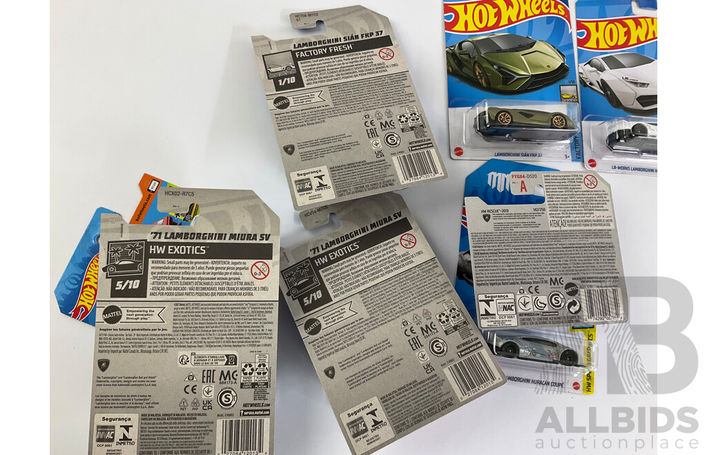Twelve Boxed Hot Wheels Lamborghinis Including 1971 Miura SV, Huracan Coupe, Countach Police Car, Pace Car