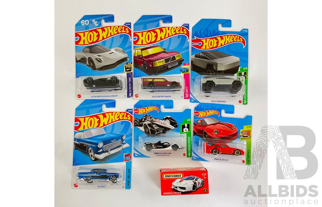 Six Boxed Hot Wheels Vehicles Including Porsche, Aston Martin, Volvo with Boxed Matchbox Lamborghini