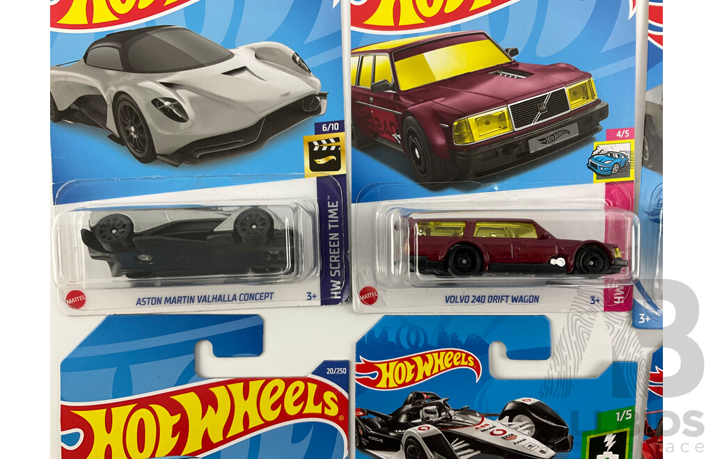 Six Boxed Hot Wheels Vehicles Including Porsche, Aston Martin, Volvo with Boxed Matchbox Lamborghini