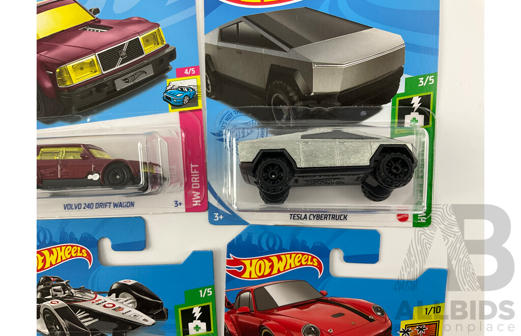 Six Boxed Hot Wheels Vehicles Including Porsche, Aston Martin, Volvo with Boxed Matchbox Lamborghini