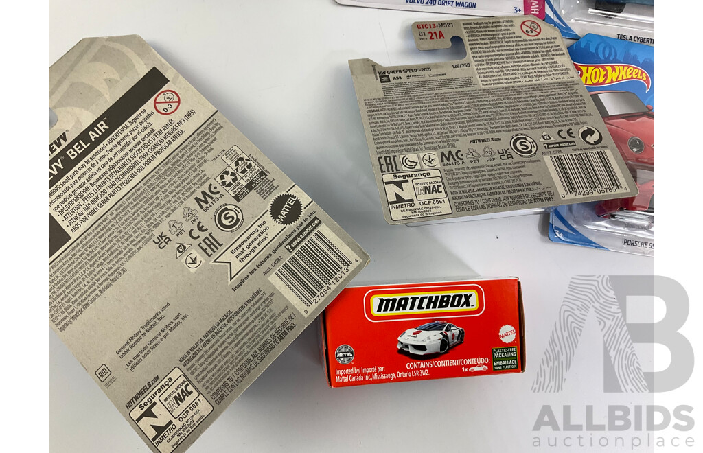 Six Boxed Hot Wheels Vehicles Including Porsche, Aston Martin, Volvo with Boxed Matchbox Lamborghini
