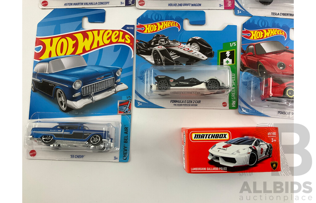 Six Boxed Hot Wheels Vehicles Including Porsche, Aston Martin, Volvo with Boxed Matchbox Lamborghini