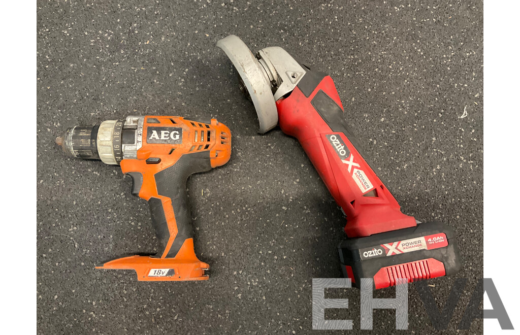 AEG 18V Hammer Drill and OZITO 18V Angle Grinder with 4.0Ah Battery - Lot of 2