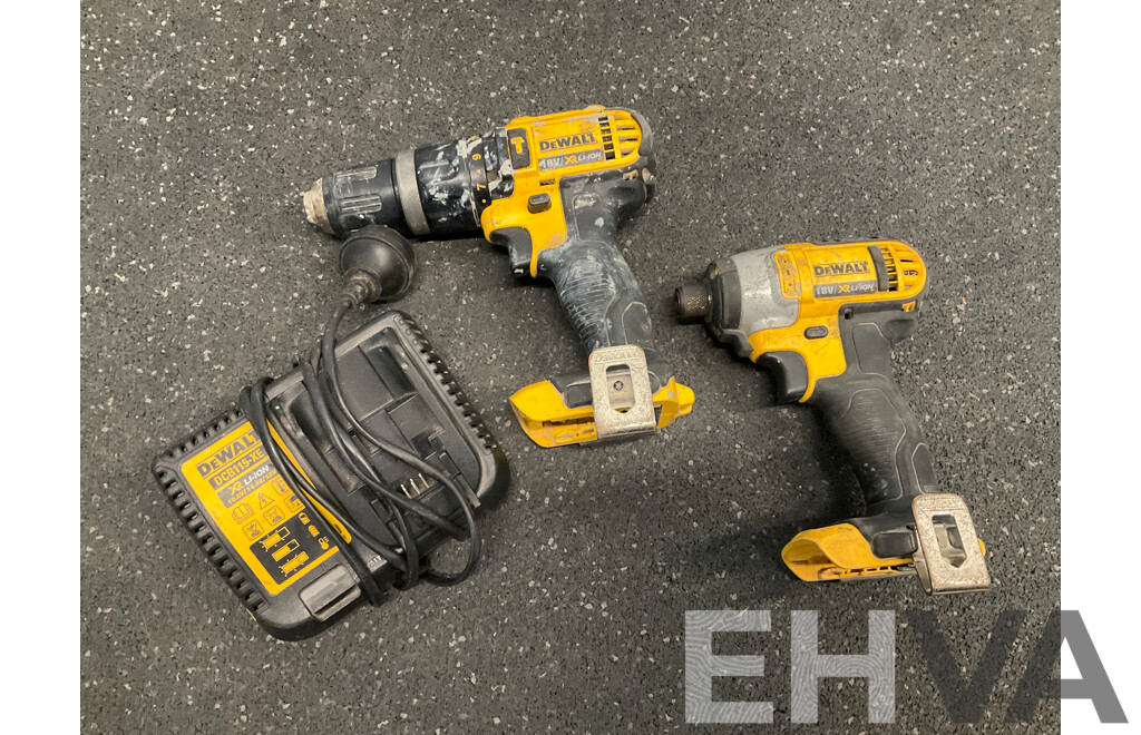 DeWALT Impact Driver (DC885XE), Hammer Drill (DCD785XE) and Battery Charger (DCB115XE) - Lot of 3