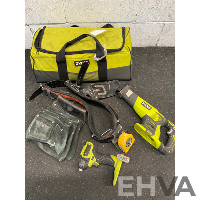 RYOBI ONE+ 18V (RRS1801) Reciprocating Saw, (RID18C) Impact Driver, Carry Bag and Tool Belt