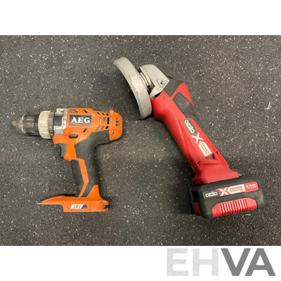 AEG 18V Hammer Drill and OZITO 18V Angle Grinder with 4.0Ah Battery - Lot of 2