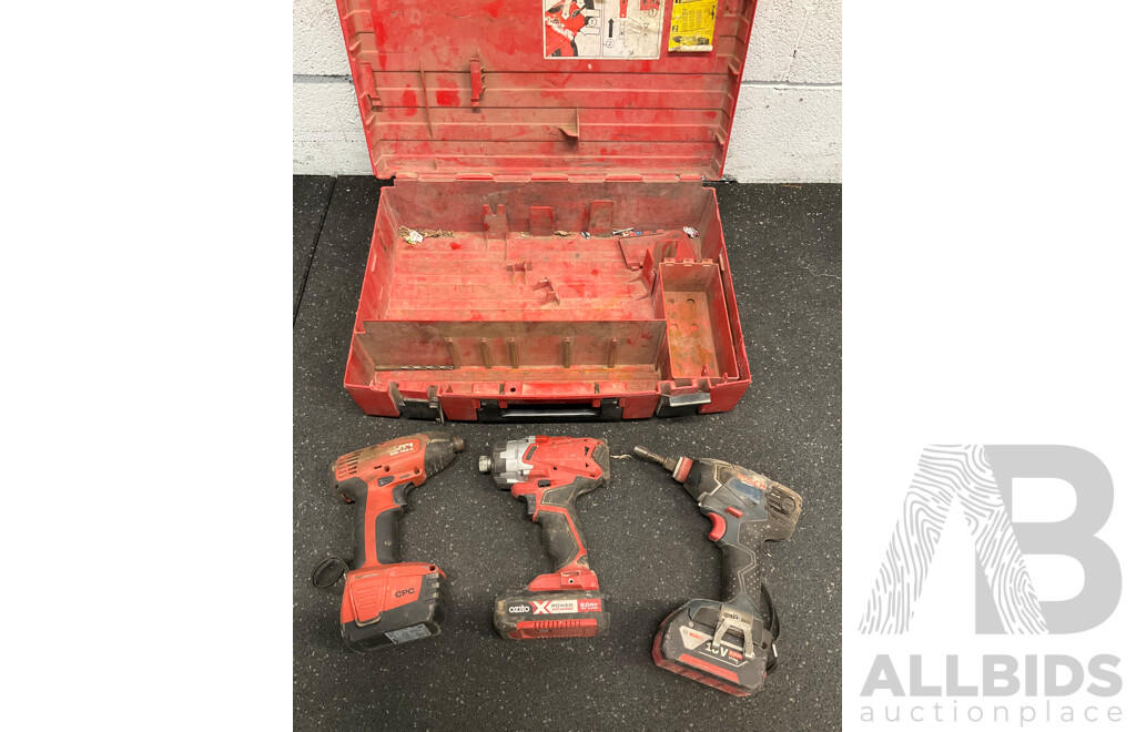 Assorted Tools - HILTI (SID144-A) with Battery, OZITO Impacty Driver with Battery and BOSCH Impact Driver with Battery and HILTI Carry Case - Lot of 4