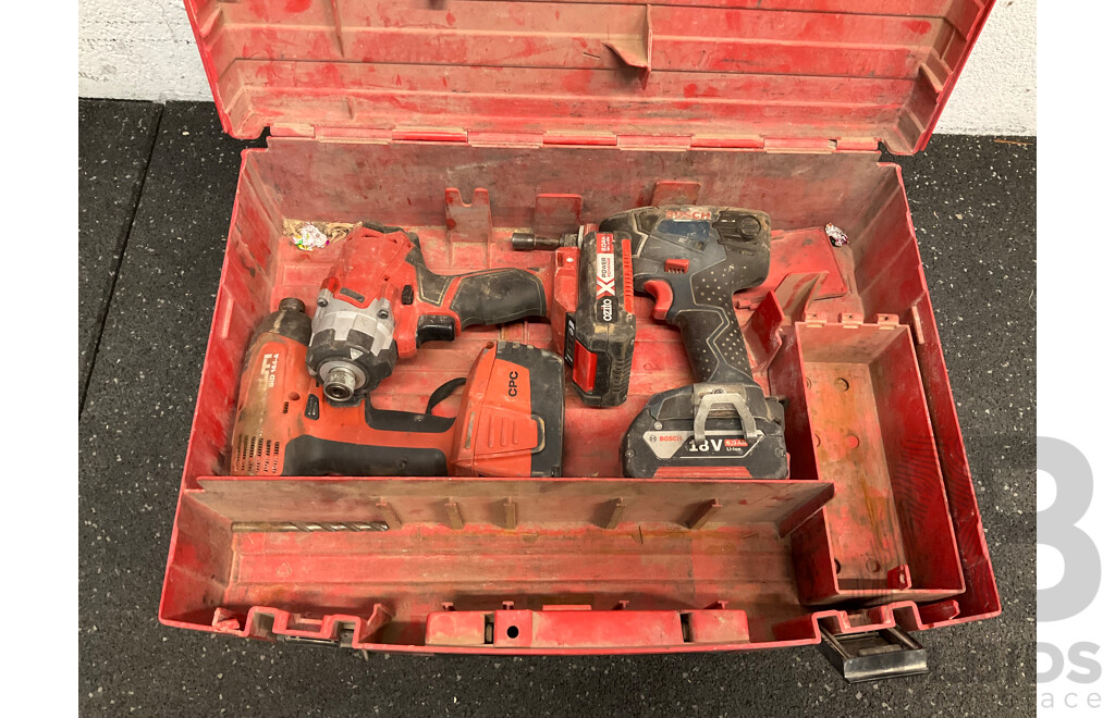 Assorted Tools - HILTI (SID144-A) with Battery, OZITO Impacty Driver with Battery and BOSCH Impact Driver with Battery and HILTI Carry Case - Lot of 4