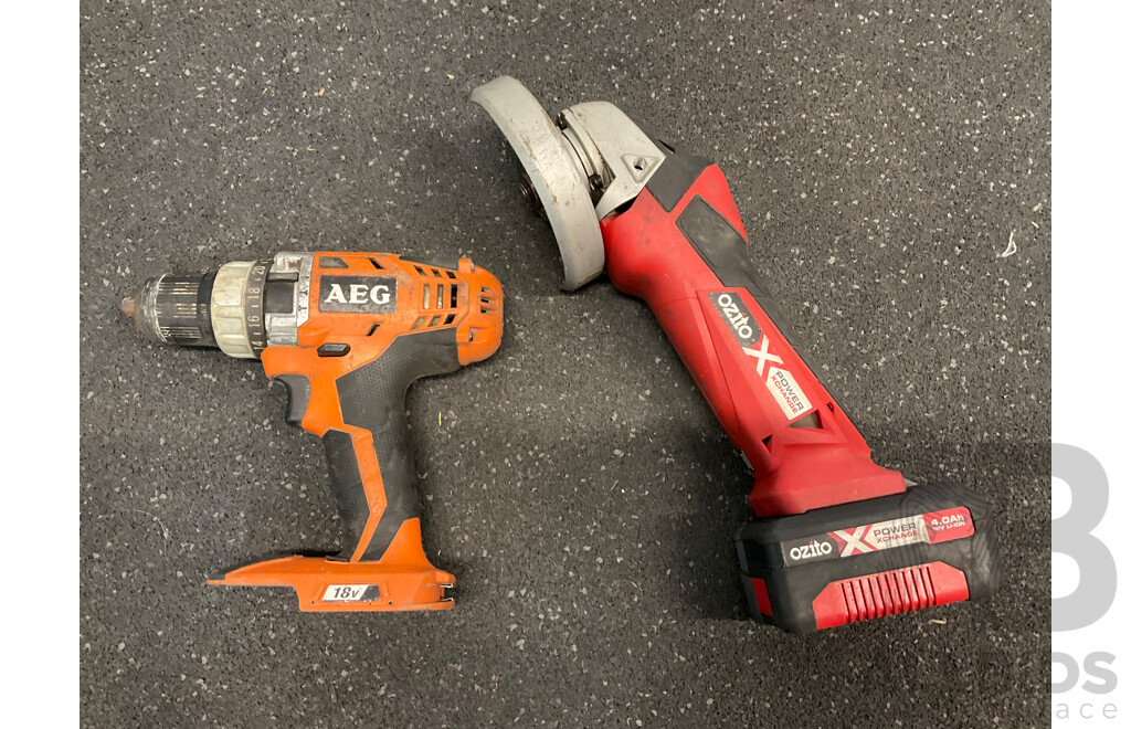 AEG 18V Hammer Drill and OZITO 18V Angle Grinder with 4.0Ah Battery - Lot of 2