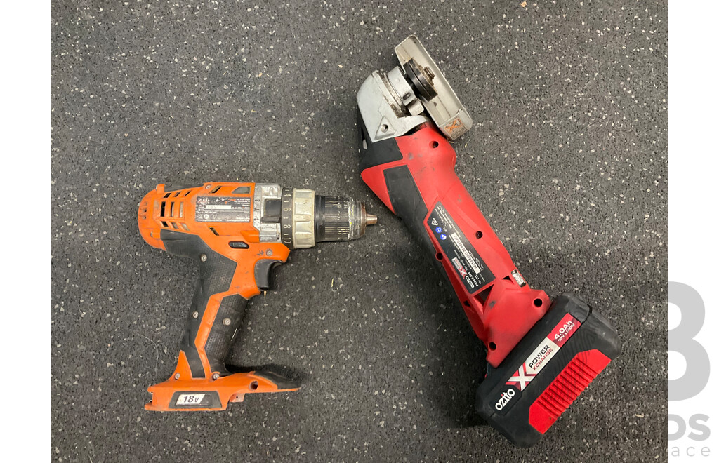 AEG 18V Hammer Drill and OZITO 18V Angle Grinder with 4.0Ah Battery - Lot of 2