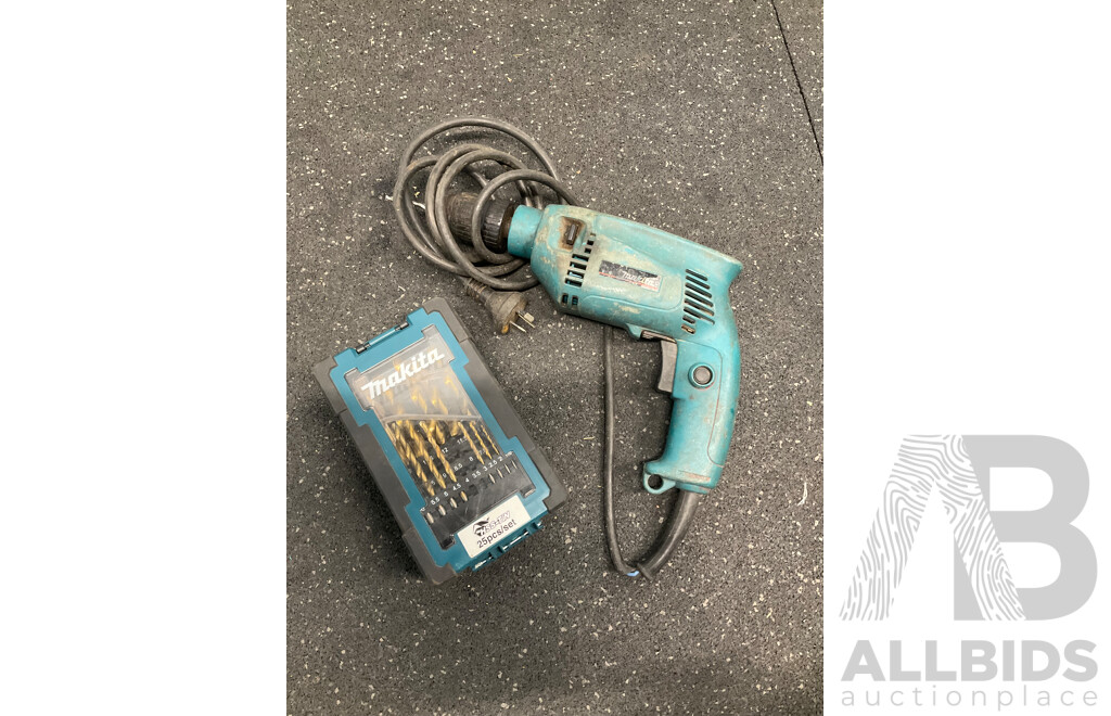 MAKITA Hammer Drill  (HP1501) and MAKITA HSS-TiN Drill Bit Set - Lot of 2