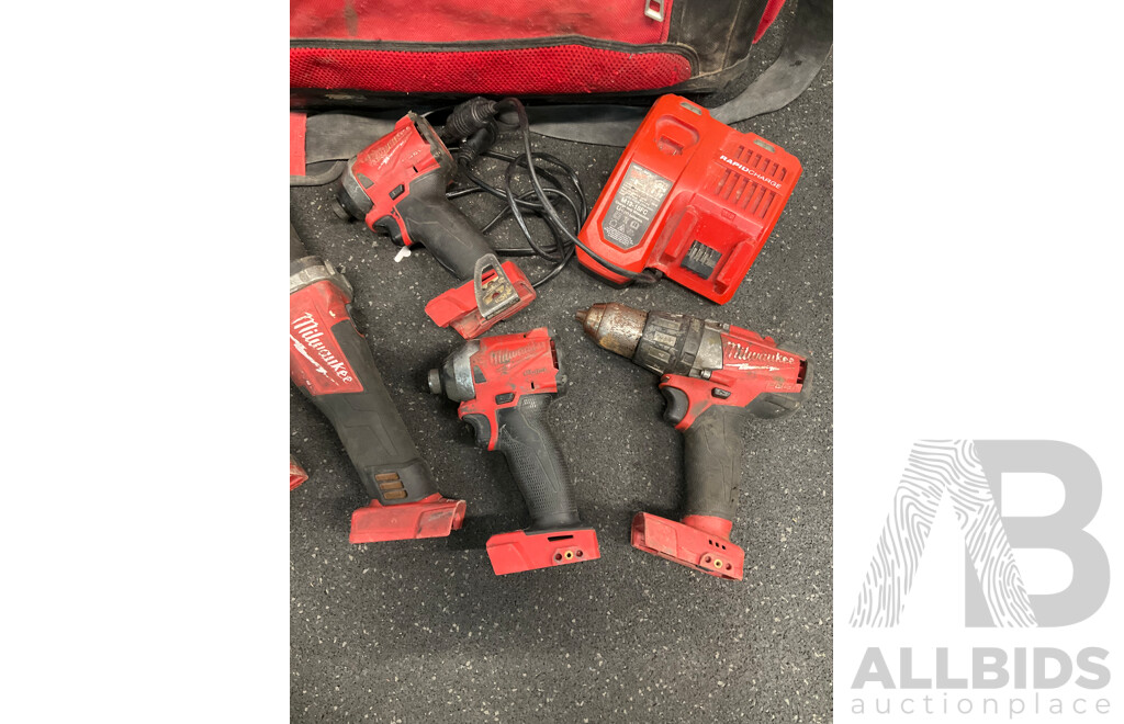 MILWAUKEE PACKOUT Storage Tote with Assorted Milwaukke 18V Tools and Battery Charger