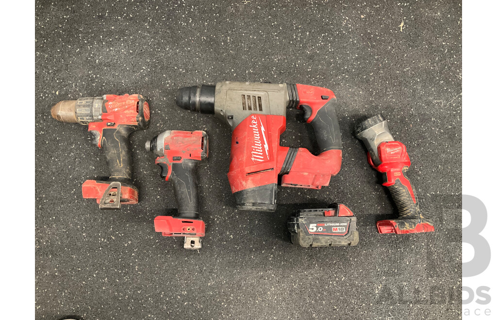MILWAUKEE 18V Cordless Power Tools, Including Impact Driver, Hammer Drill, Rotary Hammer, Led Light and 5.0 Battery - Lot of 5