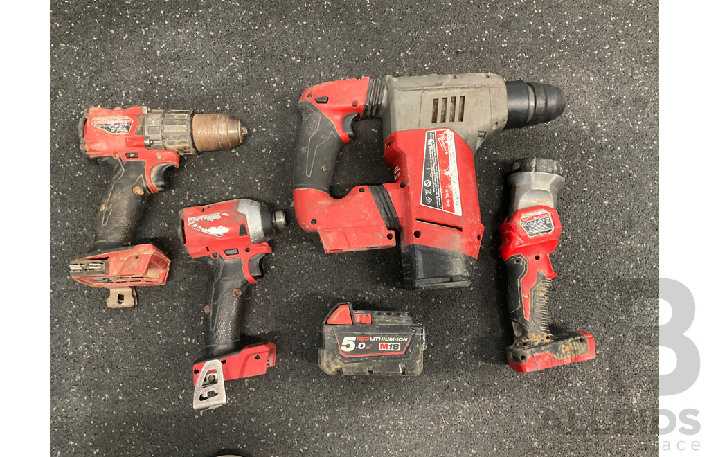 MILWAUKEE 18V Cordless Power Tools, Including Impact Driver, Hammer Drill, Rotary Hammer, Led Light and 5.0 Battery - Lot of 5