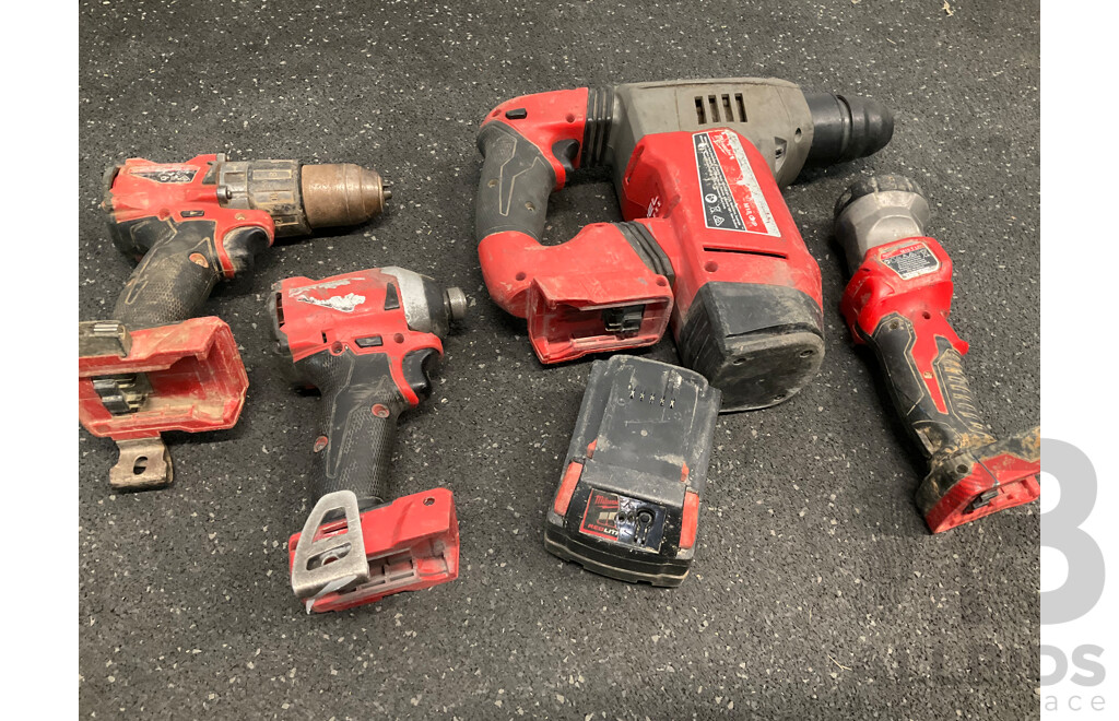MILWAUKEE 18V Cordless Power Tools, Including Impact Driver, Hammer Drill, Rotary Hammer, Led Light and 5.0 Battery - Lot of 5