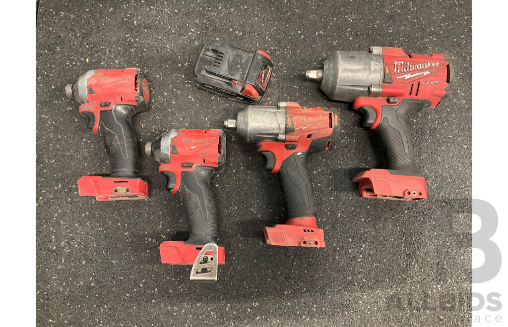 MILWAUKEE 18V Cordless Power Tools, Including Impact Drivers, Impact Wrenches and Battery - Lot of 5