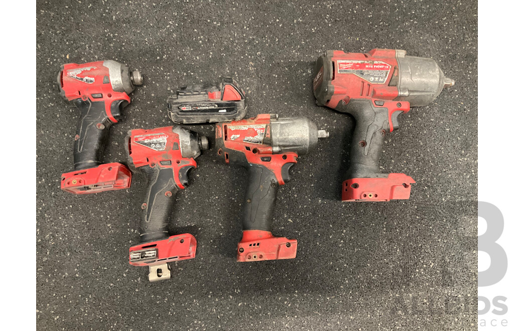 MILWAUKEE 18V Cordless Power Tools, Including Impact Drivers, Impact Wrenches and Battery - Lot of 5