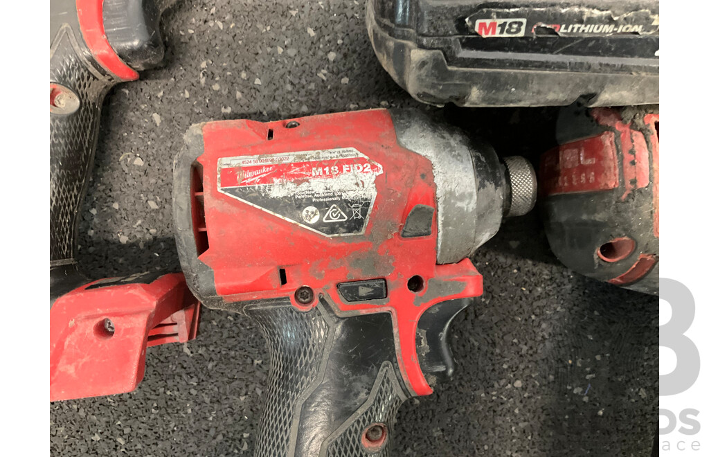 MILWAUKEE 18V Cordless Power Tools, Including Impact Drivers, Impact Wrenches and Battery - Lot of 5