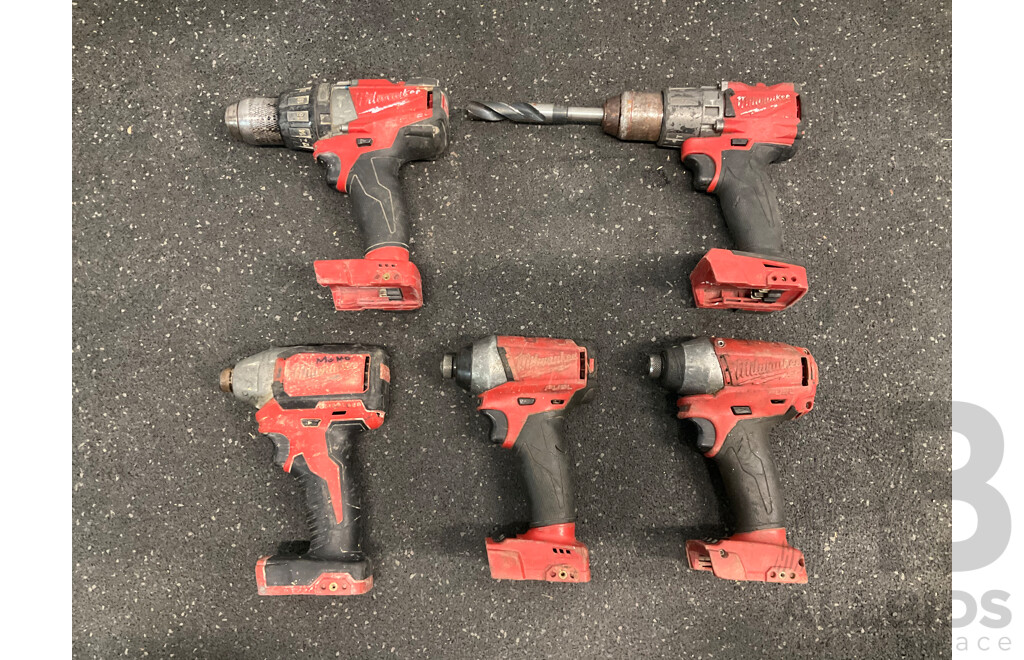 MILWAUKEE 18V Cordless Power Tools, Including Impact Drivers and Hammer Drills - Lot of 5