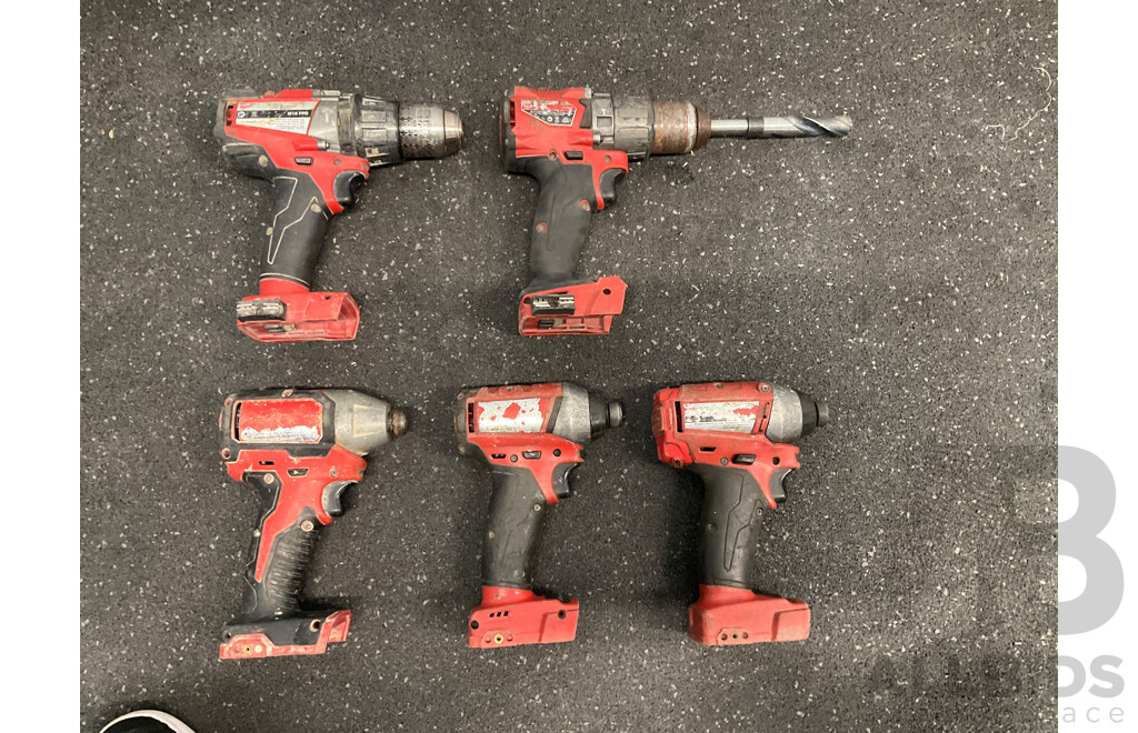 MILWAUKEE 18V Cordless Power Tools, Including Impact Drivers and Hammer Drills - Lot of 5