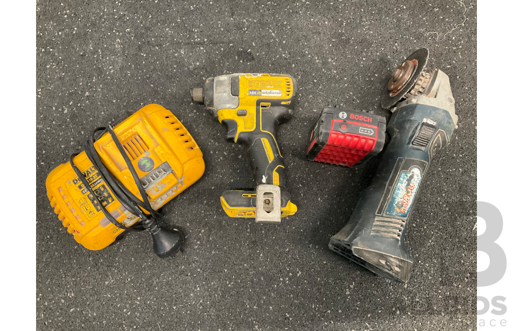 DeWALT Impact Driver (DC886XE), DeWALT Battery Charger (DCB118XE) and BOSCH Angle Grinder with Battery - Lot of 3
