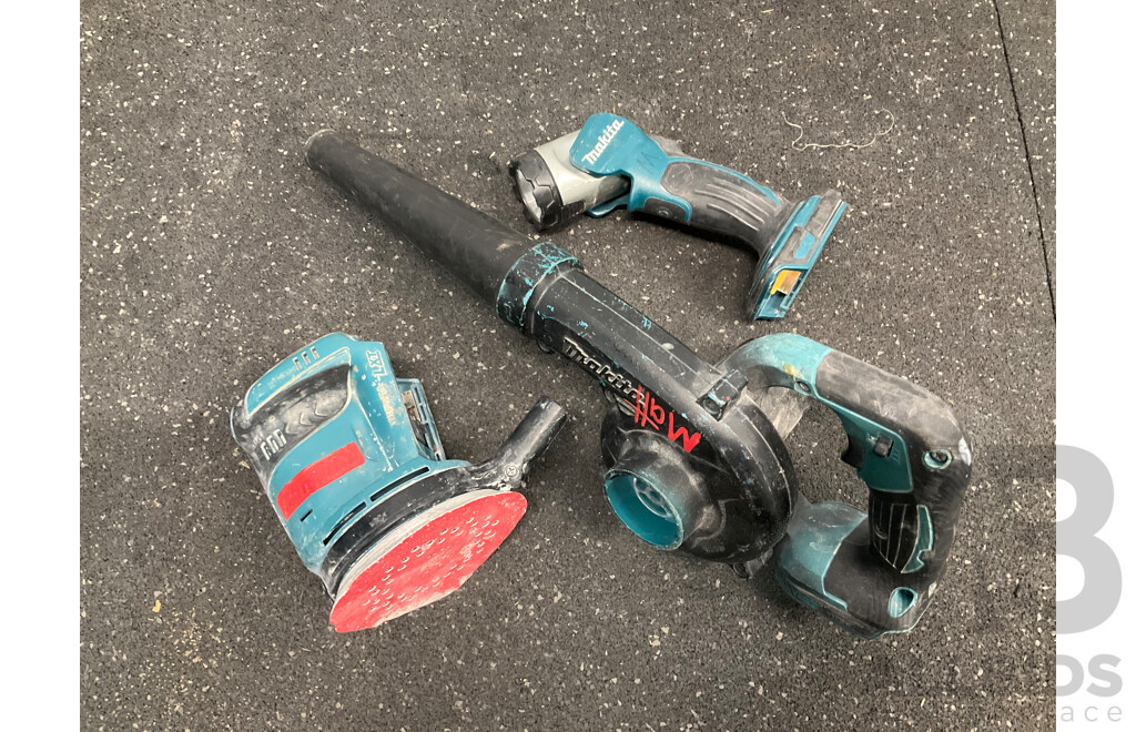 Assorted MAKITA 18V Tools - Orbital Sander (DBO180), Blower and Led Light - Skin Only - Lot of 3