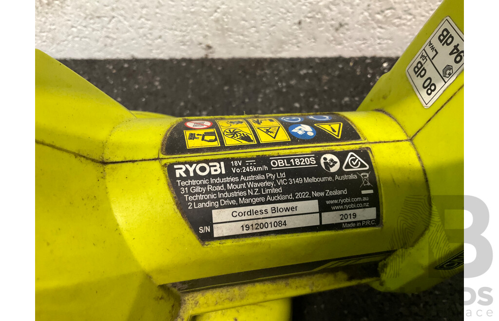 RYOBI Blower (OBL1820S) and (OBL1820J), 4Ah Battery - Loto of 3