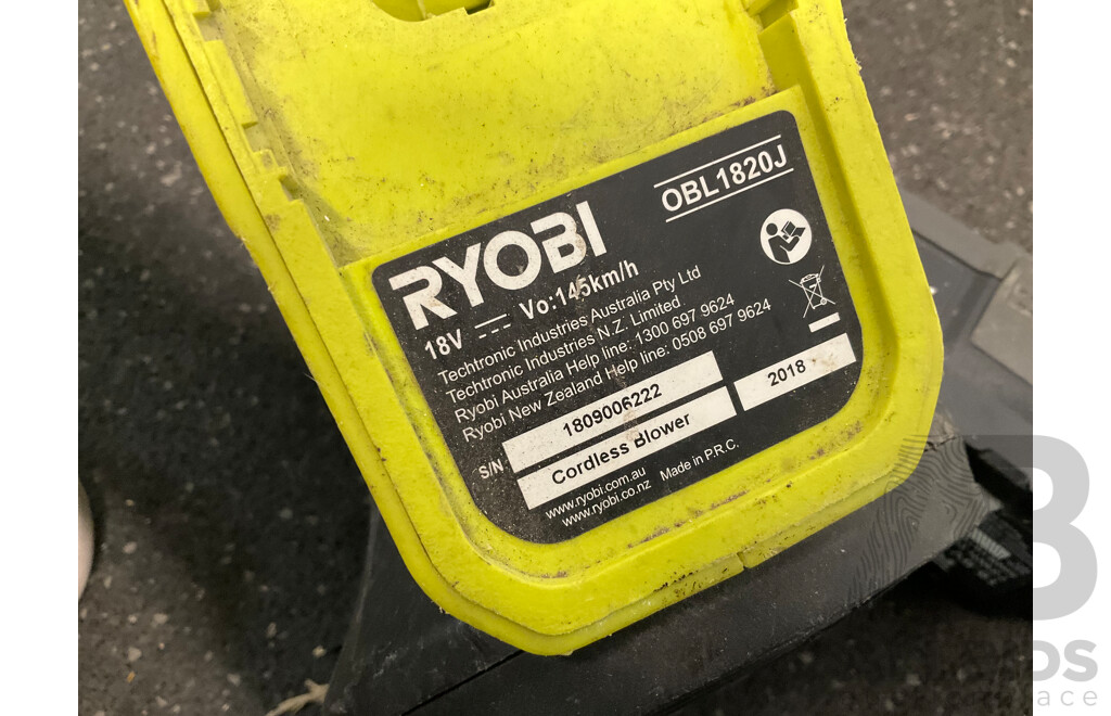 RYOBI Blower (OBL1820S) and (OBL1820J), 4Ah Battery - Loto of 3