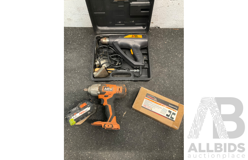 AEG Impact Wrench, AEG 4.0Ah Battery, Super Works Heat Gun and Leveleing Lift Kit - Lot of 4